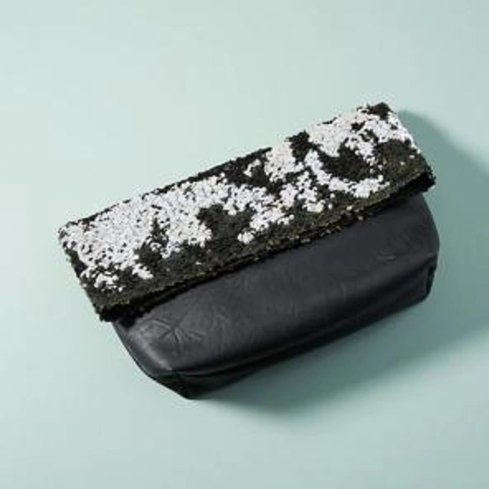 BRAND NEW Anthropologie Sequin Navy Magnetic Large Leather Clutch